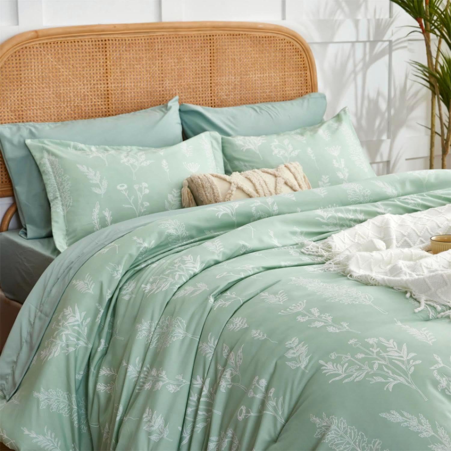 Kozyhvn Full Size Comforter Set 7 Pieces, Sage Green, Cute Floral Bed In A Bag Full Boho, Soft Fluffy Bedding Sets With Comforte
